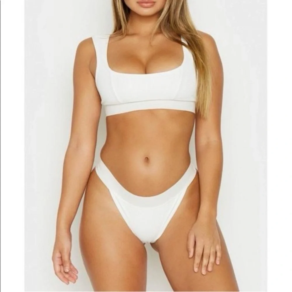 Frankie’s Bikinis Drew White Ribbed Swimsuit Bottoms cheeky elastic band